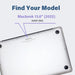 Image instructing users on how to find their MacBook model. The text reads 'Find Your Model' with a focus on 'MacBook 13.6" (2022) A2681 (M2)'. The image shows the bottom of a MacBook with an arrow pointing to the model number.