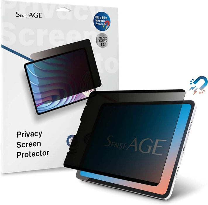 SenseAGE Privacy Screen Protector packaging for iPad Air 4 and iPad Pro 11 inch. The product is shown partially applied to an iPad, with an icon indicating 'Ultra Slim Magnetic Privacy.' The packaging highlights features such as 'Privacy Protection' and 'Less Fingerprints.'