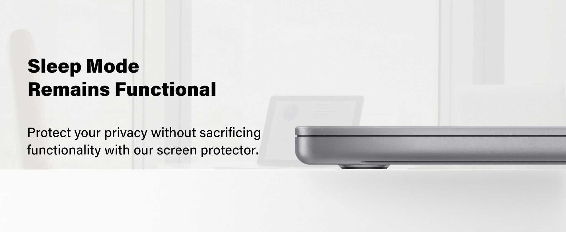 MacBook with Magnetic Privacy Screen in sleep mode, showing the screen protector's compatibility with the device's sleep functionality.