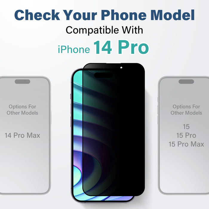 SenseAGE screen protector on an iPhone 14 Pro with the text 'Check Your Phone Model' and 'Compatible With iPhone 14 Pro.' Two faded images of other iPhone models are shown on either side with the text 'Options For Other Models' and '14 Pro Max' on the left and '15, 15 Pro, 15 Pro Max' on the right.