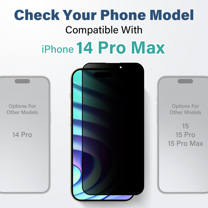 SenseAGE screen protector on an iPhone 14 Pro Max with the text 'Check Your Phone Model' and 'Compatible With iPhone 14 Pro Max.' Two faded images of other iPhone models are shown on either side with the text 'Options For Other Models' and '14 Pro' on the left and '15, 15 Pro, 15 Pro Max' on the right.