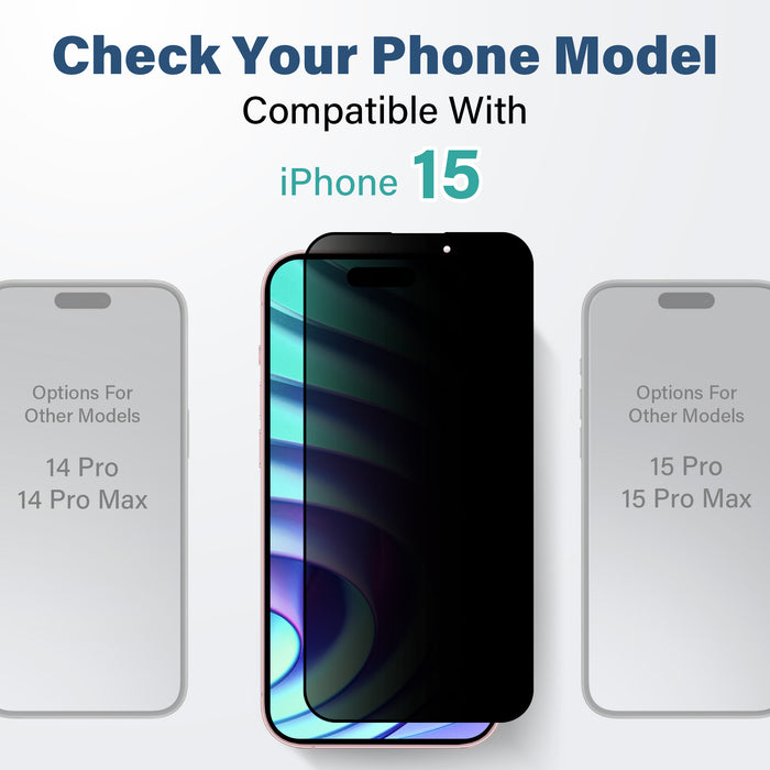 SenseAGE screen protector on an iPhone 15 with the text 'Check Your Phone Model' and 'Compatible With iPhone 15.' Two faded images of other iPhone models are shown on either side with the text 'Options For Other Models' and '14 Pro, 14 Pro Max' on the left and '15 Pro, 15 Pro Max' on the right.