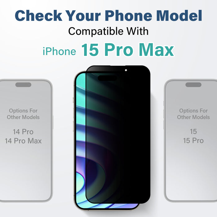 SenseAGE screen protector on an iPhone 15 Pro Max with the text 'Check Your Phone Model' and 'Compatible With iPhone 15 Pro Max.' Two faded images of other iPhone models are shown on either side with the text 'Options For Other Models' and '14 Pro, 14 Pro Max' on the left and '15, 15 Pro' on the right.