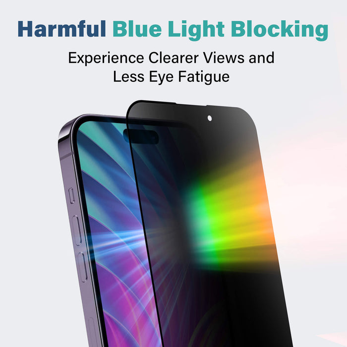 iPhone with a SenseAGE screen protector that blocks harmful blue light. The text reads 'Harmful Blue Light Blocking' and 'Experience Clearer Views and Less Eye Fatigue.' The screen protector demonstrates its blue light blocking feature with a colorful light effect.