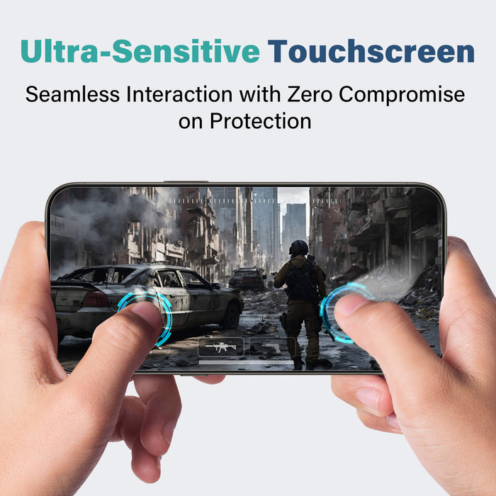 Hands holding an iPhone with a SenseAGE screen protector, playing a game in a post-apocalyptic setting. The text reads 'Ultra-Sensitive Touchscreen' and 'Seamless Interaction with Zero Compromise on Protection.