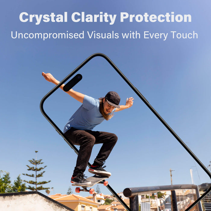 Image of a skateboarder mid-air against a clear blue sky, viewed through an iPhone with a SenseAGE screen protector. The text reads 'Crystal Clarity Protection' and 'Uncompromised Visuals with Every Touch.