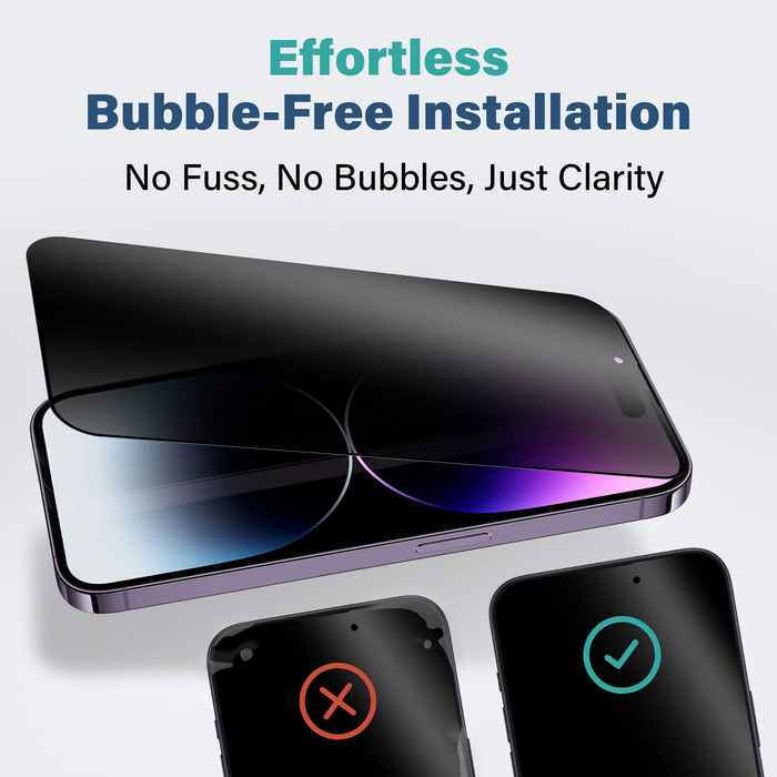 Illustration of an iPhone with a SenseAGE screen protector being applied, demonstrating effortless, bubble-free installation. The text reads 'Effortless Bubble-Free Installation' and 'No Fuss, No Bubbles, Just Clarity.' Below the main image, one iPhone shows a screen with bubbles and a red X, while another iPhone shows a clear screen with a green checkmark.