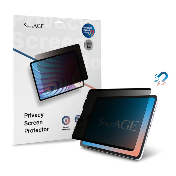 SenseAGE Privacy Screen Protector packaging for iPad Mini 8.3 inch. The product is shown partially applied to an iPad Mini, with an icon indicating 'Ultra Slim Magnetic Privacy.' The packaging highlights features such as 'Privacy Protection' and 'Less Fingerprints.'