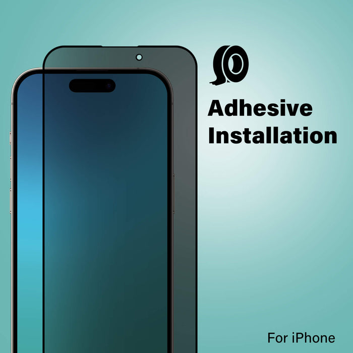Privacy screen protector for iPhone with adhesive installation. The image shows the screen protector partially covering the phone's display, alongside an icon of adhesive tape. The text reads 'Adhesive Installation' and 'For iPhone.
