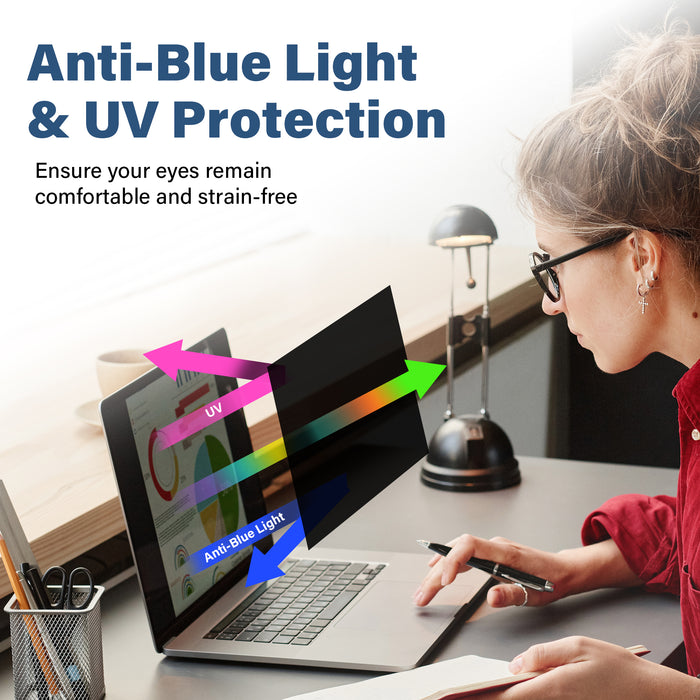 Image promoting Anti-Blue Light & UV Protection features of a screen protector. A woman wearing glasses is working on a laptop, with a diagram showing the screen protector blocking UV and blue light rays. The text reads 'Anti-Blue Light & UV Protection' and 'Ensure your eyes remain comfortable and strain-free.