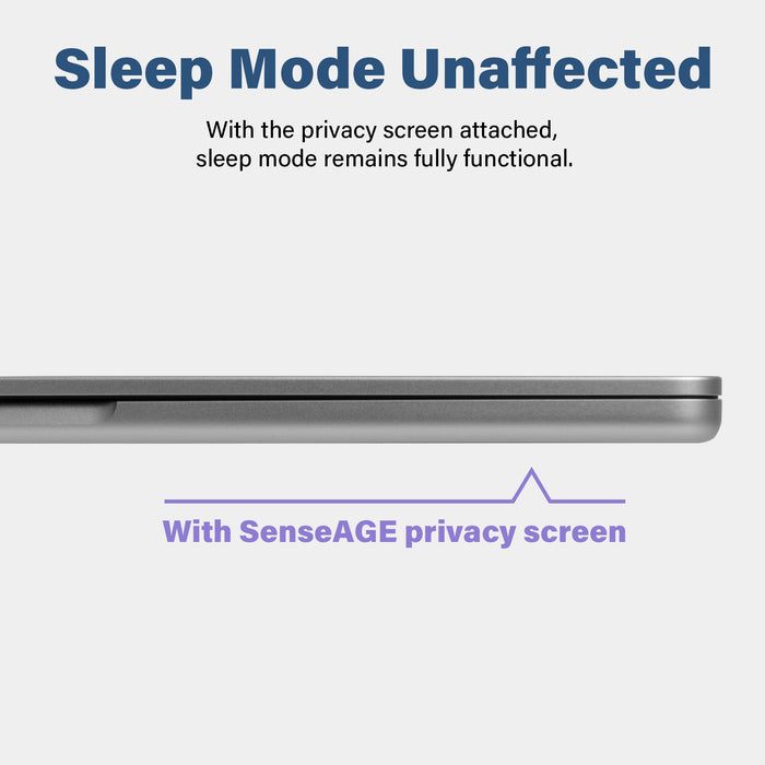 Image highlighting that the SenseAGE privacy screen does not affect sleep mode functionality. The text reads 'Sleep Mode Unaffected' with a subheading 'With the privacy screen attached, sleep mode remains fully functional.' The image shows a closed laptop with a label indicating 'With SenseAGE privacy screen.