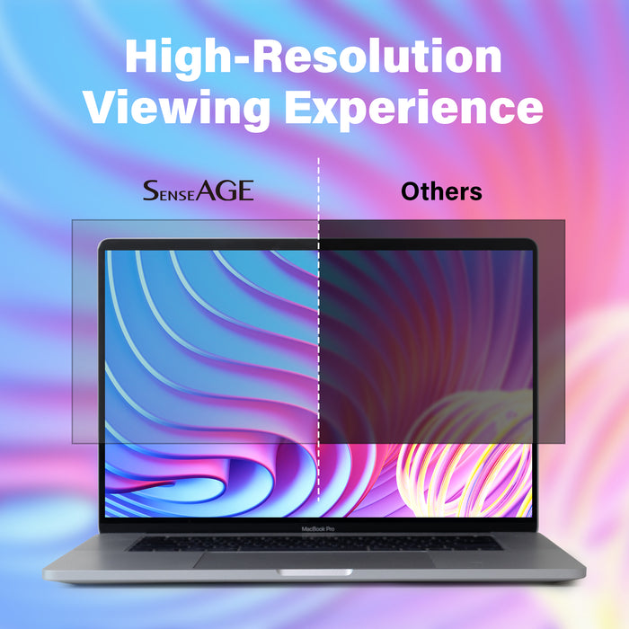 Image showcasing the high-resolution viewing experience of the SenseAGE screen protector compared to other brands. The laptop screen is divided into two halves, with the left side labeled 'SenseAGE' showing clear, vibrant colors, and the right side labeled 'Others' appearing darker and less vivid. The text reads 'High-Resolution Viewing Experience.