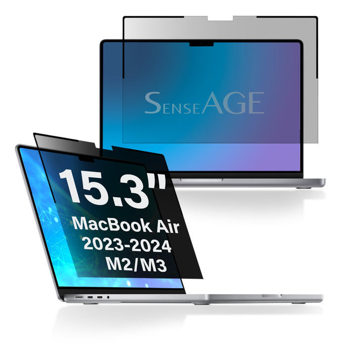 Image displaying SenseAGE privacy screen protectors for the MacBook Air. The text highlights '15.3" MacBook Air 2023-2024 M2/M3'. The image shows a MacBook Air with a privacy screen partially applied, demonstrating the fit and coverage of the screen protector.