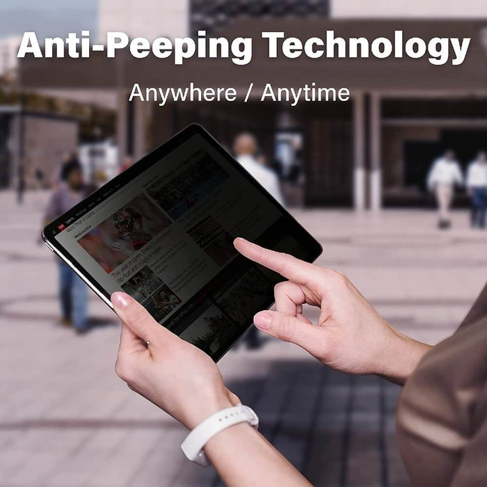 Person holding an iPad equipped with SenseAGE Privacy Screen Protector in a public setting. The screen is visible only to the user, demonstrating the anti-peeping technology. The text reads 'Anti-Peeping Technology' and 'Anywhere / Anytime.'