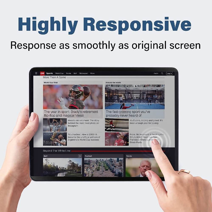 Person using an iPad equipped with SenseAGE Privacy Screen Protector, demonstrating its high responsiveness. The text reads 'Highly Responsive' and 'Response as smoothly as original screen.'