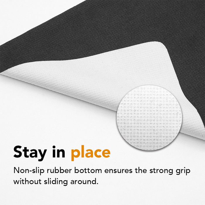 Close-up of a SenseAGE mouse pad showing its non-slip rubber bottom. The text reads 'Stay in place' and 'Non-slip rubber bottom ensures a strong grip without sliding around.' An inset circle highlights the texture of the rubber bottom.