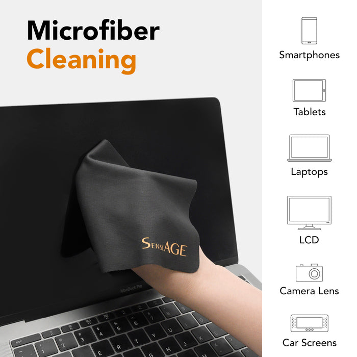 SenseAGE microfiber cloth being used to clean a MacBook screen. The text reads 'Microfiber Cleaning.' On the right, icons and labels indicate the cloth can be used for cleaning smartphones, tablets, laptops, LCDs, camera lenses, and car screens.