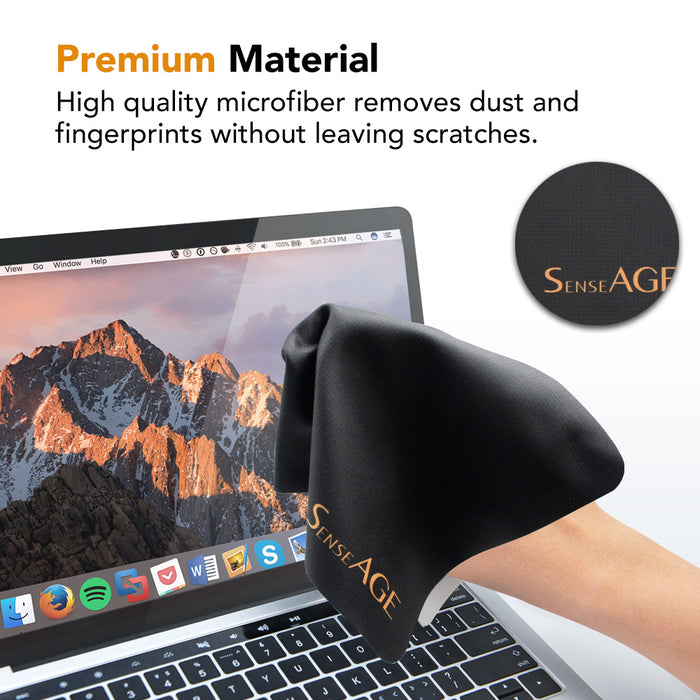 SenseAGE microfiber cloth being used to clean a MacBook screen, with the text 'Premium Material' and 'High quality microfiber removes dust and fingerprints without leaving scratches.' The SenseAGE logo is visible on the cloth and in an inset circle.