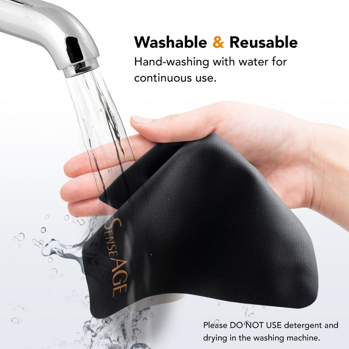 Hand washing a SenseAGE cloth under running water. The text reads 'Washable & Reusable' and 'Hand-washing with water for continuous use. Please DO NOT USE detergent and drying in the washing machine.